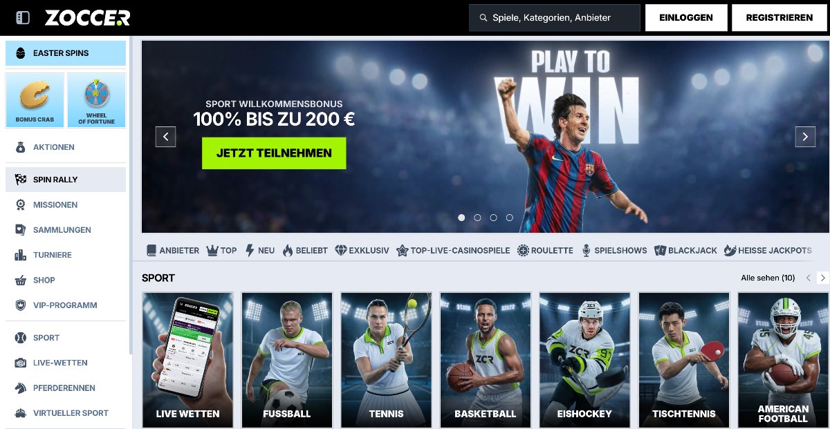 Zoccer ist ein erstklassiges Online Casino, das über 9.000 Spiele und integrierte Sportwetten bequem unter einem einzigen Konto vereint, um ein nahtloses und abwechslungsreiches Spielerlebnis zu garantieren.